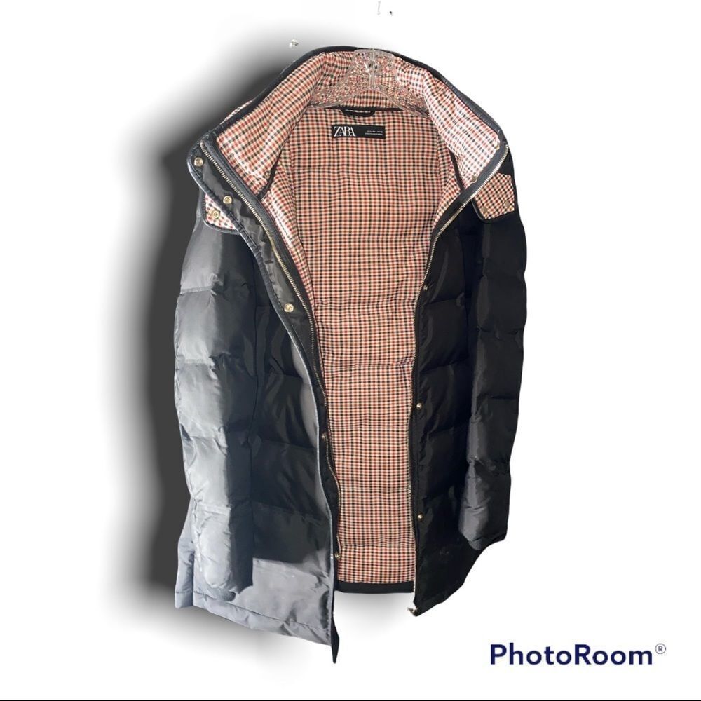 ZARA Fabulous Mid Length Hooded Puffer Coat with Plaid Lining